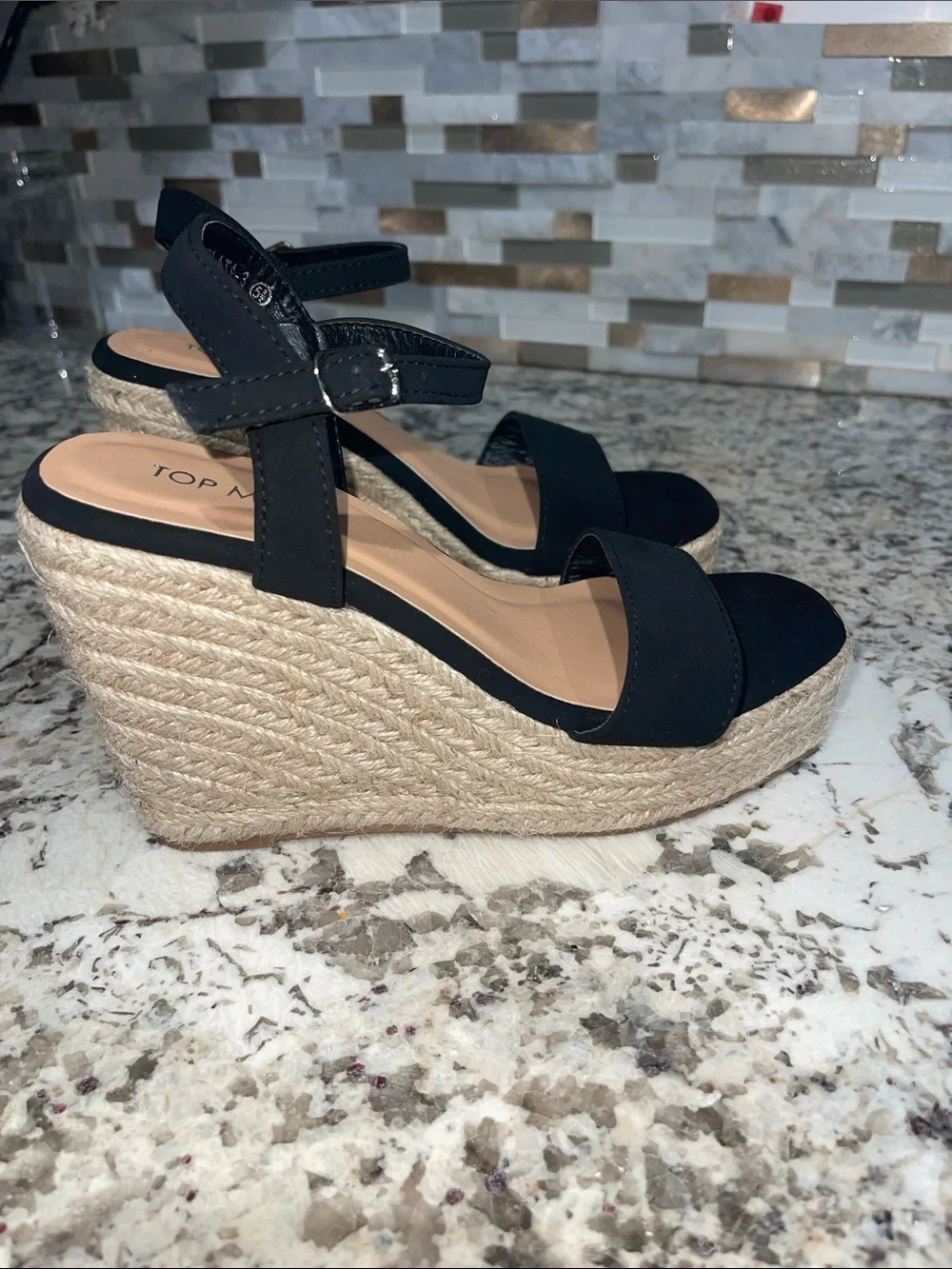 TOP Moda Black Espadrille Wedge Sandals with Ankle Strap
